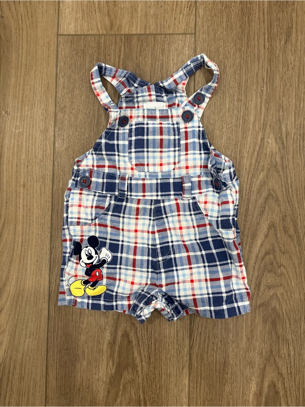 Vintage Disney Plaid Mickey Mouse Cotton Overalls - Blue/White/Red